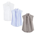 Women's Blouse with Stand-Up Collar and Bow Detail