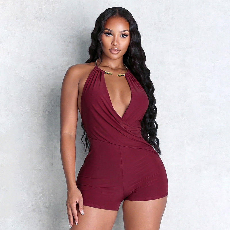 Women's Form-Fitting Playsuit with Deep V-Neck and Flared Hem
