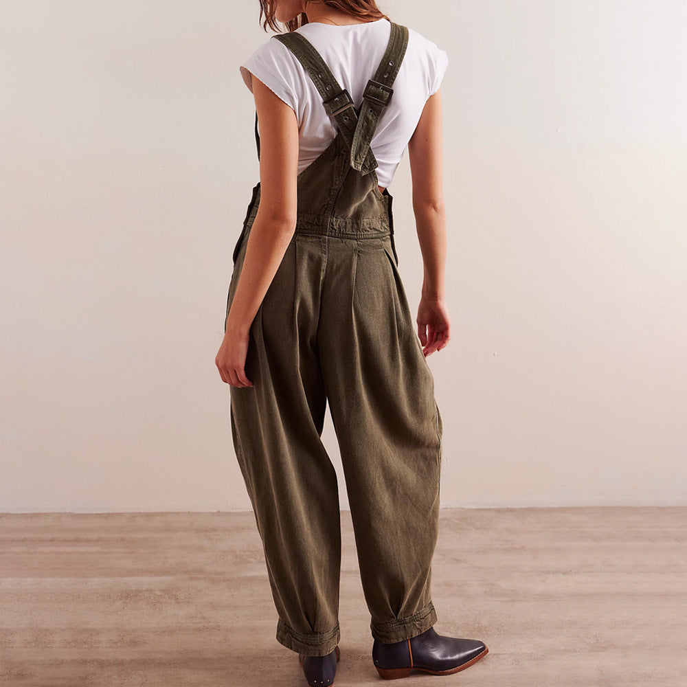 Women's Casual Denim Overall with V-Neck and Pockets
