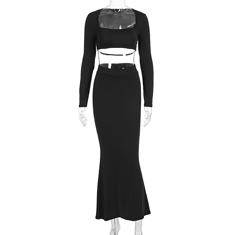 Elegant Crop Top and Maxi Skirt Set with Sheer Detail