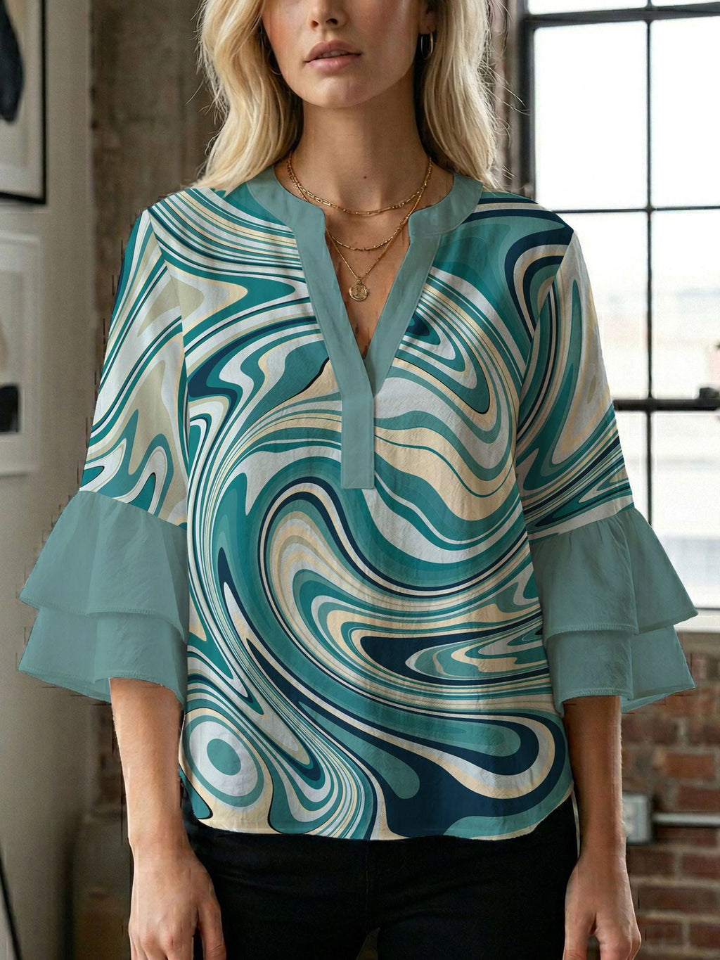 Women's Blouse Shirt with Voluminous Sleeves and Creative Print Design