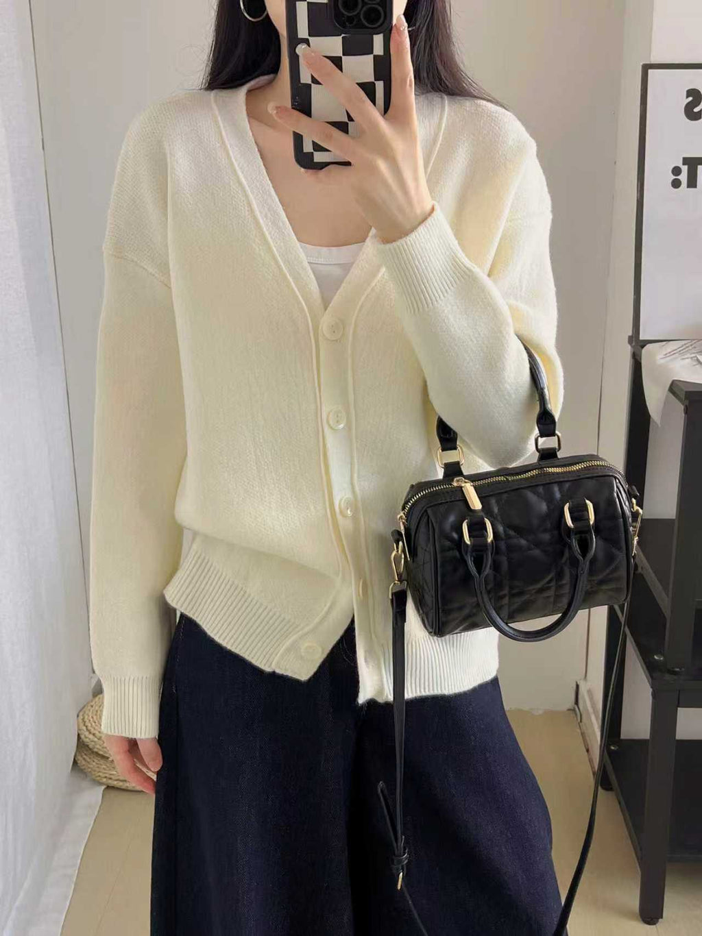 Women's Chunky Knit Cardigan with Deep V-Neck and Large Button Details