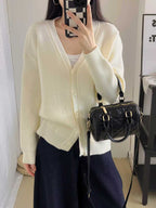 Women's Chunky Knit Cardigan with Deep V-Neck and Large Button Details