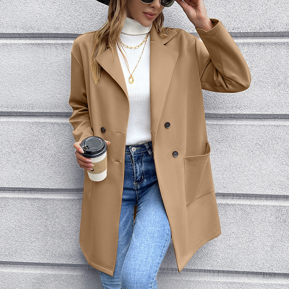 Women's Elegant Oversized Blazer Jacket with Double-Breasted Placket and Practical Pockets