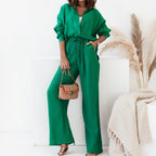 Women's Casual Two-Piece Linen Set with Loose Blouse and Wide-Leg Pants