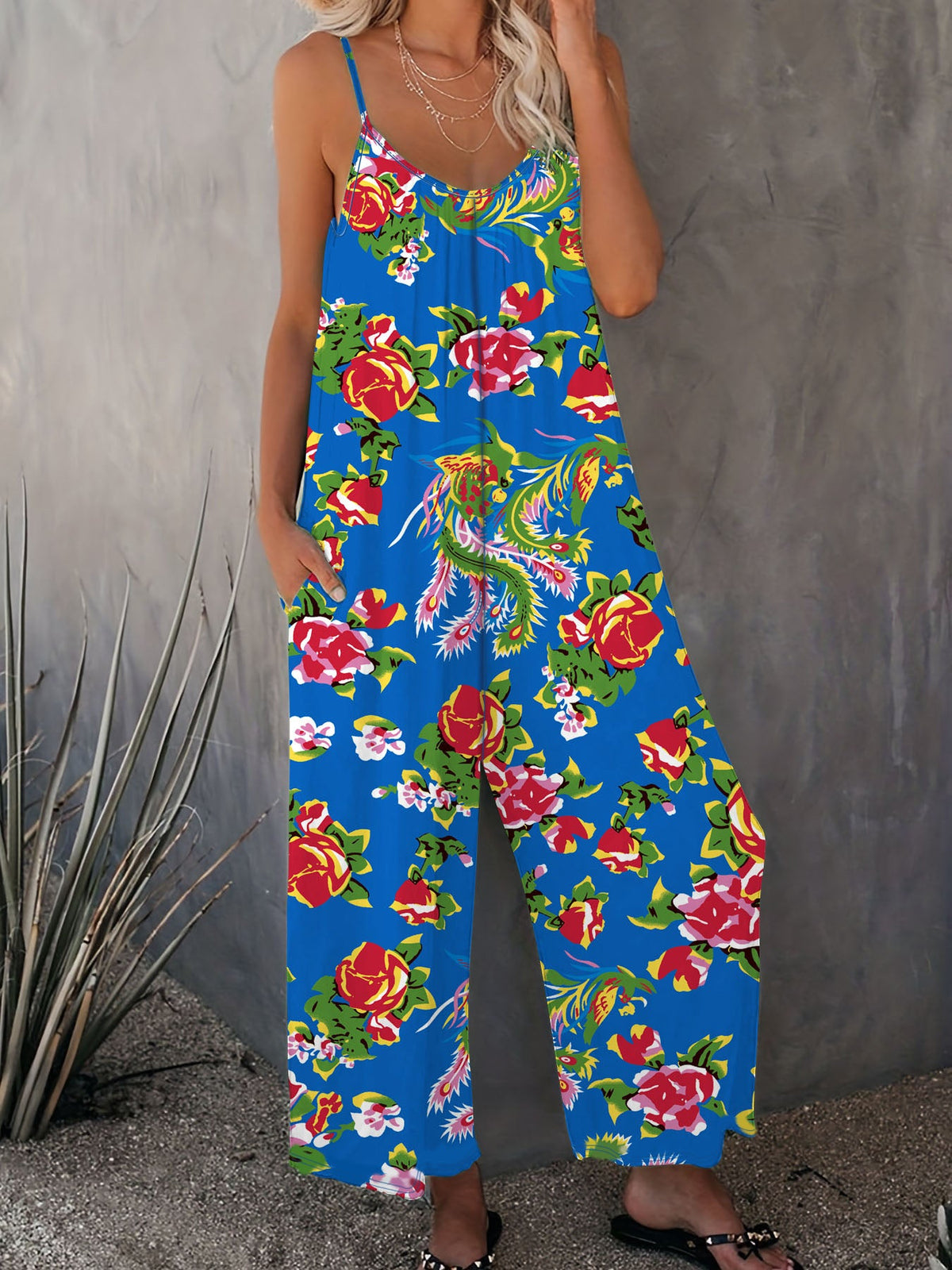 Women's Airy Jumpsuit with Floral Design and Adjustable Straps
