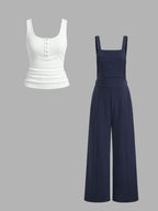 Women's Casual Tank Top and Wide-Leg Overalls Set