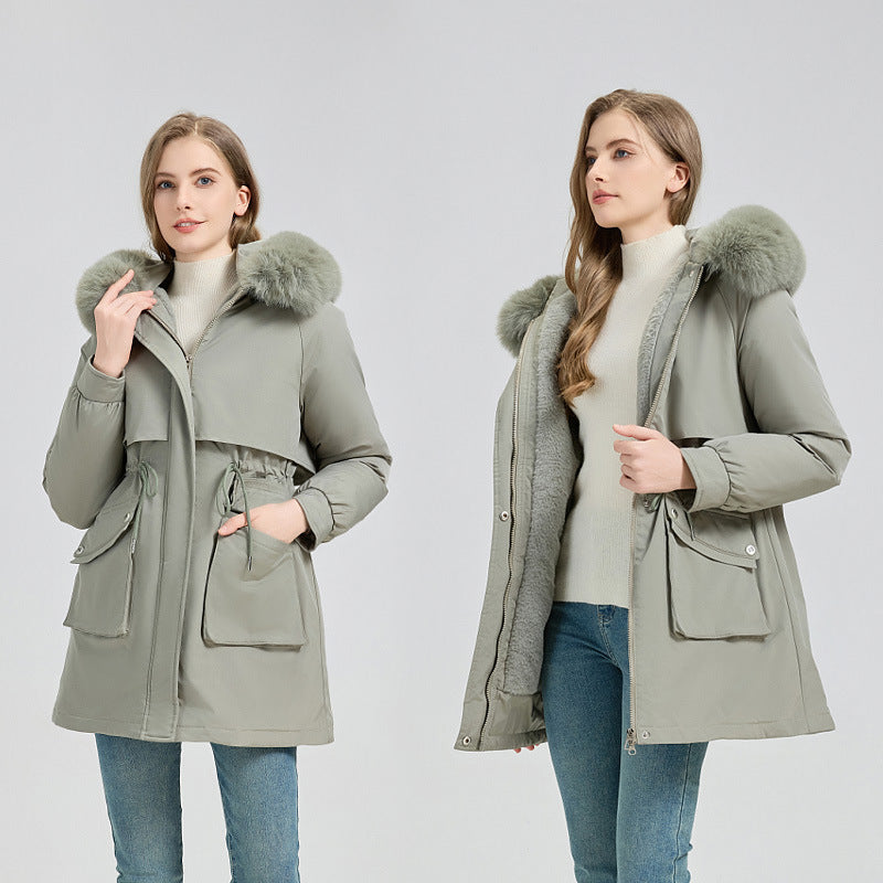 Women's Fashionable Puffer Jacket with Detachable Faux Fur Collar and Functional Pockets