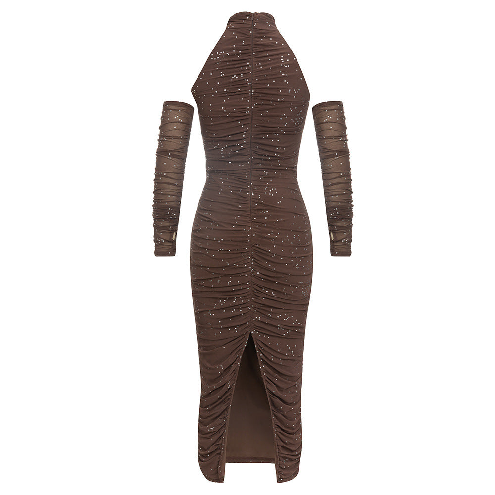 Women's Elegant Evening Dress with Fitted Silhouette and Sheer Sleeves