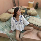 Women's Blouse with Floral Embroidery and Voluminous Sleeves