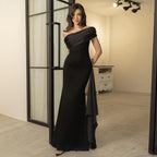 Women's Floor-Length Evening Dress with Asymmetric Cut and V-Neck