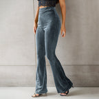 Women's Elegant Velvet Flare Trousers with Fine Stripe Pattern