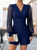 Elegant Jumpsuit with Sheer Puff Sleeves and V-Neck
