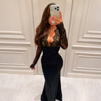 Elegant Evening Dress with Lace Inserts and Wrap Design