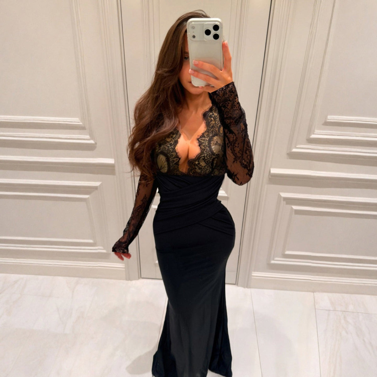 Elegant Evening Dress with Lace Inserts and Wrap Design