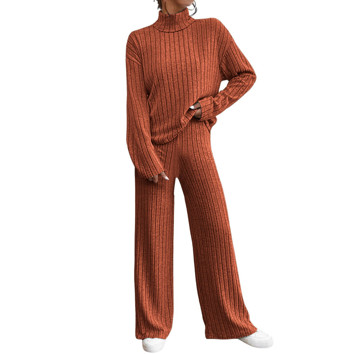 Women's Chunky Knit Two-Piece Set with High Collar and Wide Cut