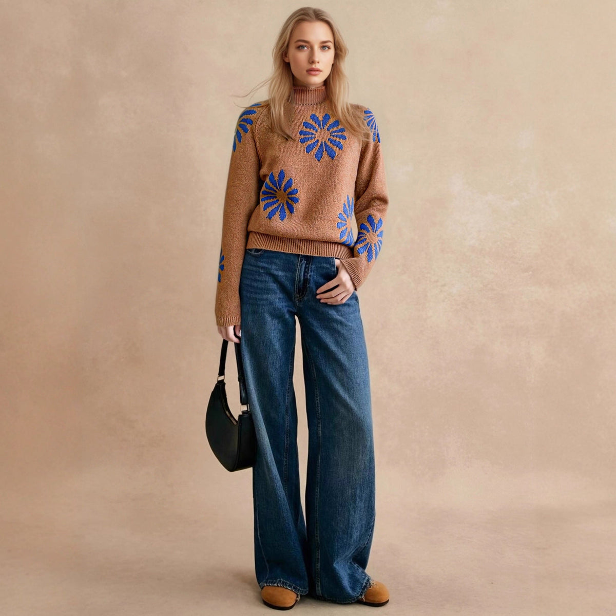 Women's Colorful Knit Sweater with Floral Pattern