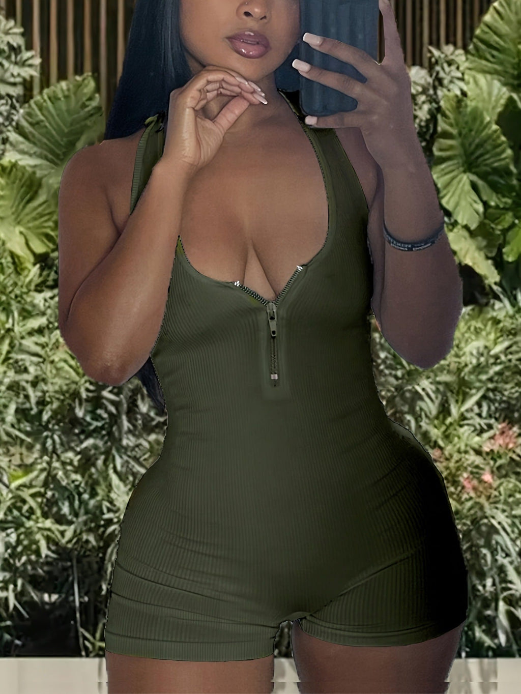 Women's Jumpsuit with Deep V-Neck and Zipper