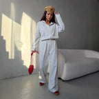 Women’s Casual French Terry Lounge Set with Short Zip Hoodie and Wide-Leg Joggers