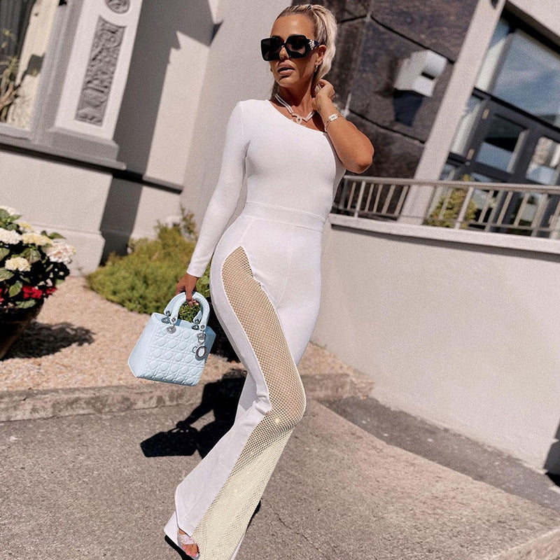 Women's Elegant Sport Jumpsuit with Asymmetric Cut and Mesh Inserts