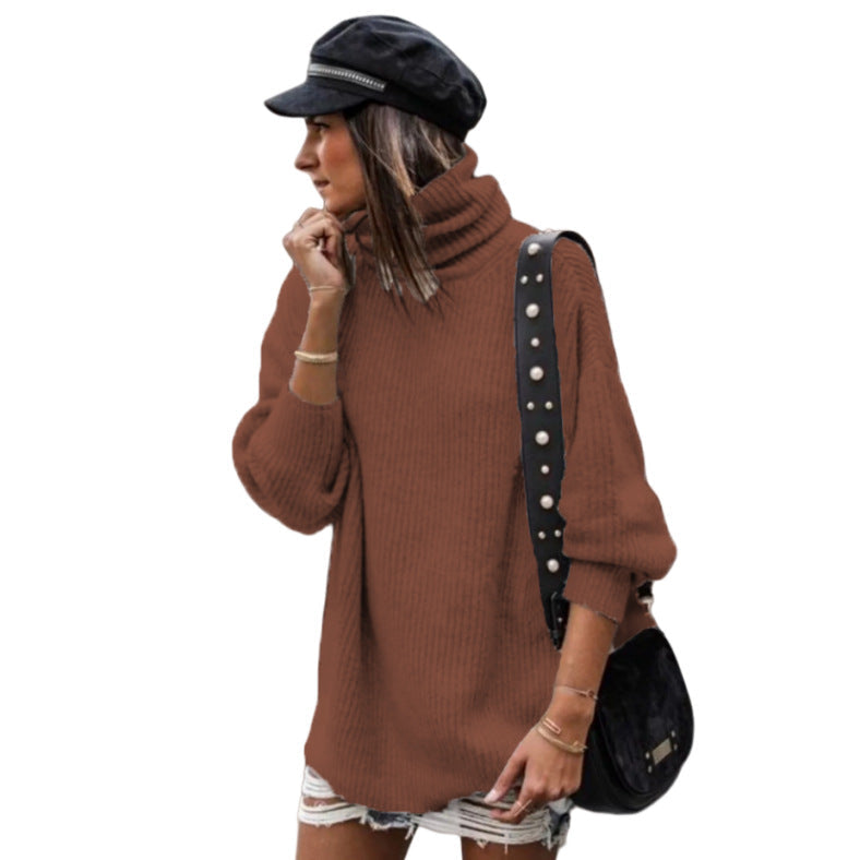 Women's Chunky Knit Sweater with High Collar and Casual Fit