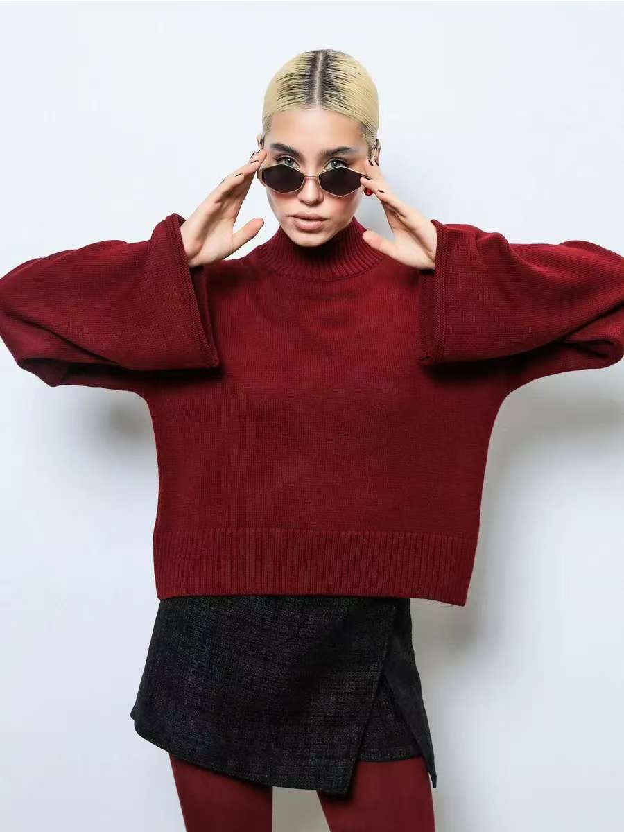 Elegant Oversized Sweater with Wide Cut and Stand-up Collar