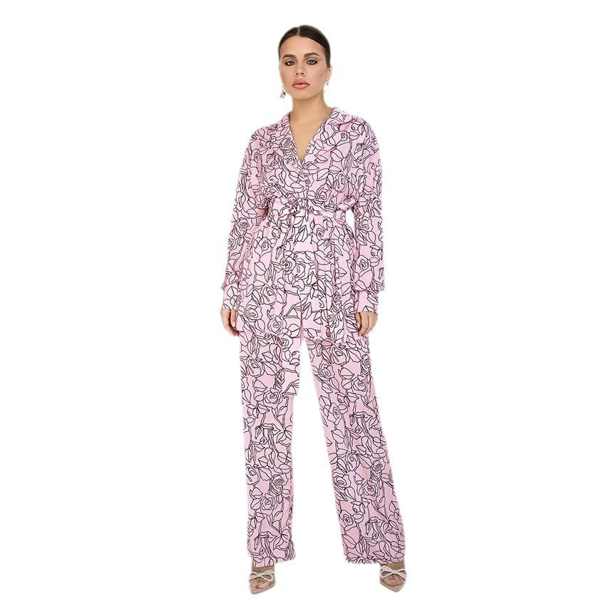 Women's Fashionable Blazer Set with Floral Accents