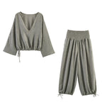 Casual Blouse with Wide V-Neck and Elastic Hem