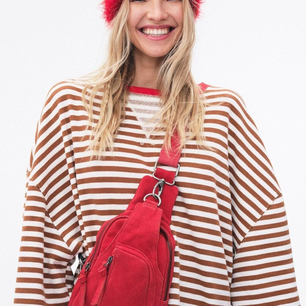 Women's Comfortable Striped Sweater with Raglan Sleeves and Elastic Cuffs