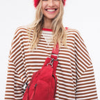 Women's Comfortable Striped Sweater with Raglan Sleeves and Elastic Cuffs