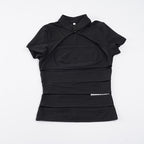 Women's Cropped Blouse Shirt in Durable Stretch Material with Elegant Stand-Up Collar