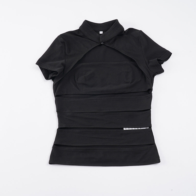 Women's Cropped Blouse Shirt in Durable Stretch Material with Elegant Stand-Up Collar