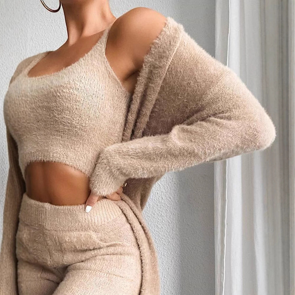 Women's Fashionable Lounge Set with Sleeveless Crop Top and Long Cardigan