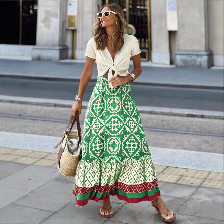 Women's Maxi Skirt in Playful Ethnic Design with Voluminous Hem