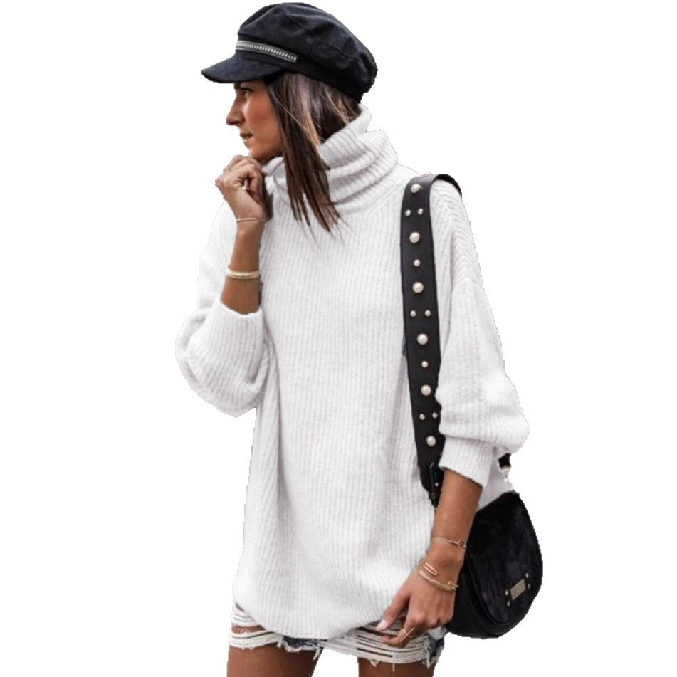 Women's Chunky Knit Sweater with High Collar and Casual Fit