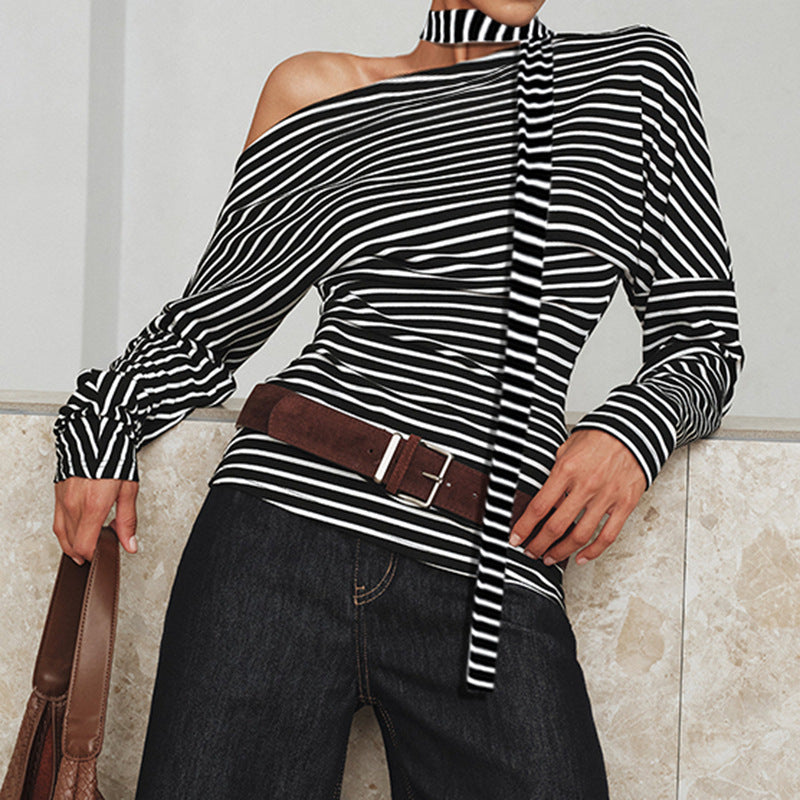 Women's Asymmetrical Long-Sleeve Shirt with Fashionable Stripes and Halter Neck