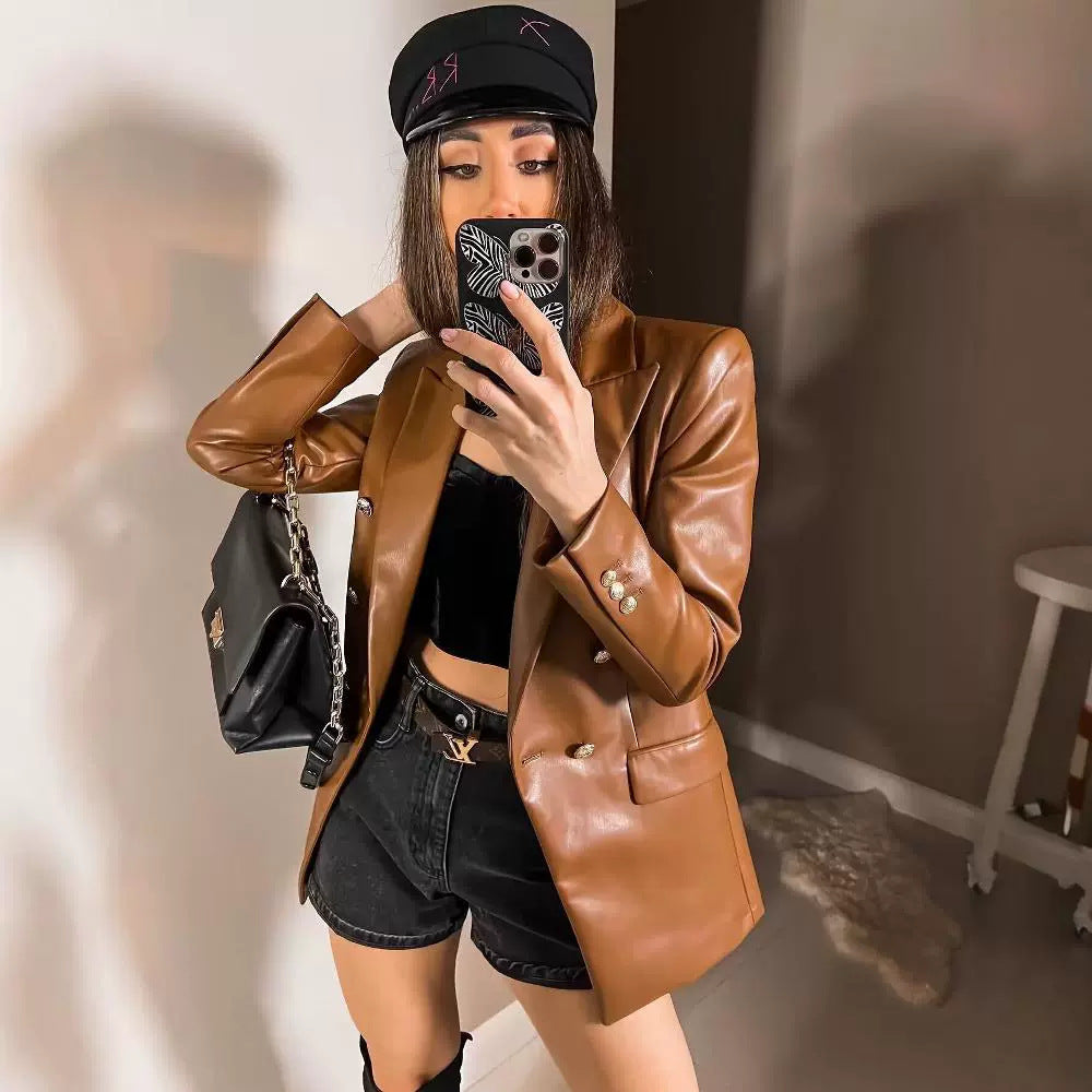 Women's Double-Breasted Faux Leather Blazer