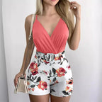 Women's Deep V-Neck Bodysuit and Floral High-Waist Shorts Set