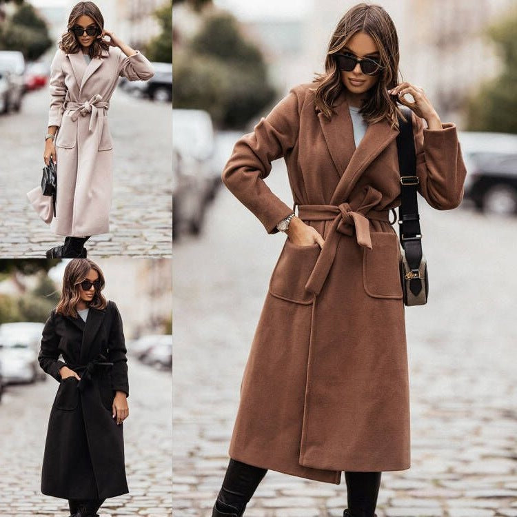 Women's Elegant Wrap Coat with Pockets and Tie Belt
