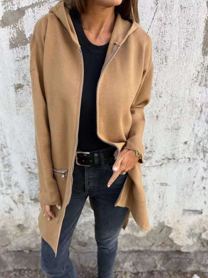 Women's Casual Coat with Hood and Asymmetrical Cut