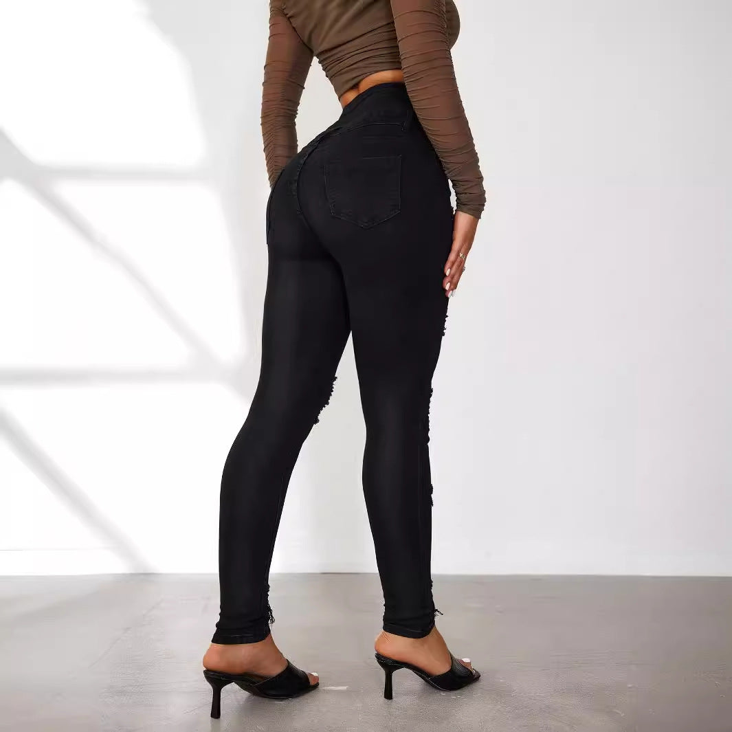 High-Waist Jeans with Distressed Details