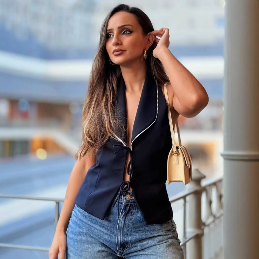 Women's Sleeveless Blouse with Elegant Bow Detail