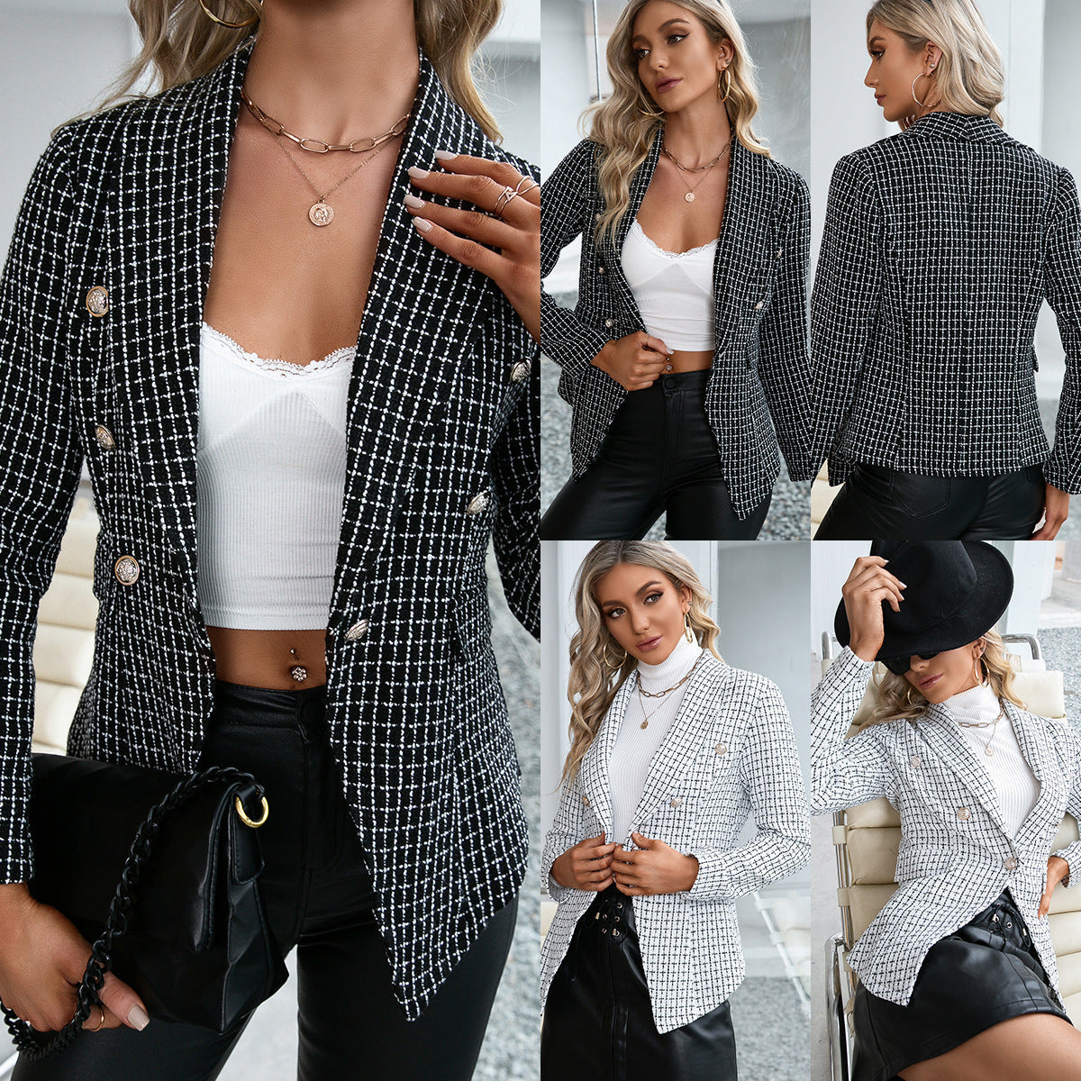 Women's Double-Breasted Blazer with Classic Plaid Pattern