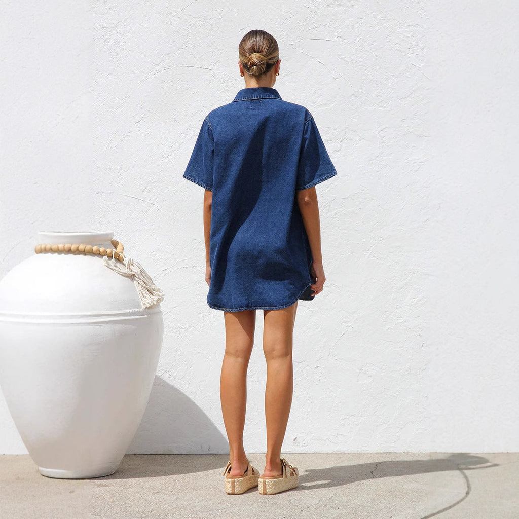 Women's Denim Shirt Dress with Short Sleeves and Pockets