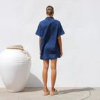 Women's Denim Shirt Dress with Short Sleeves and Pockets