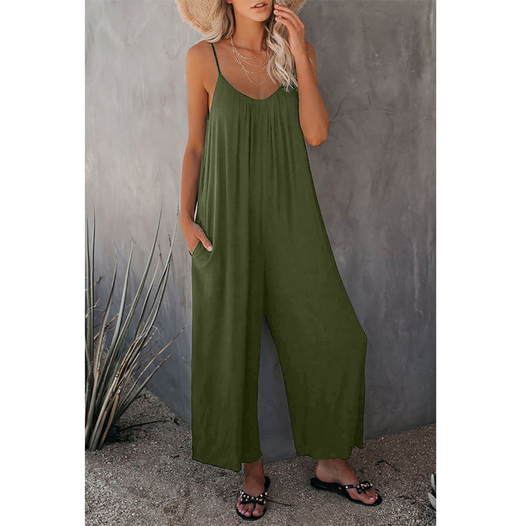 Women's Casual Summer Jumpsuit with Deep Neckline and Pockets