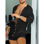 Women's Long-Sleeve Jumpsuit with Button Placket and Chest Pocket
