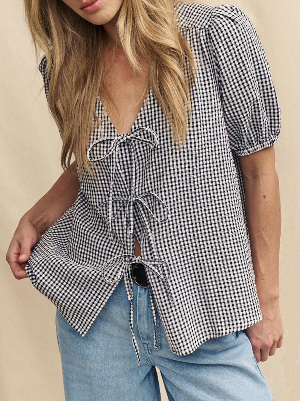 Women's Blouse with Knot Detail and Puffy Sleeves
