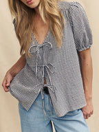 Women's Blouse with Knot Detail and Puffy Sleeves