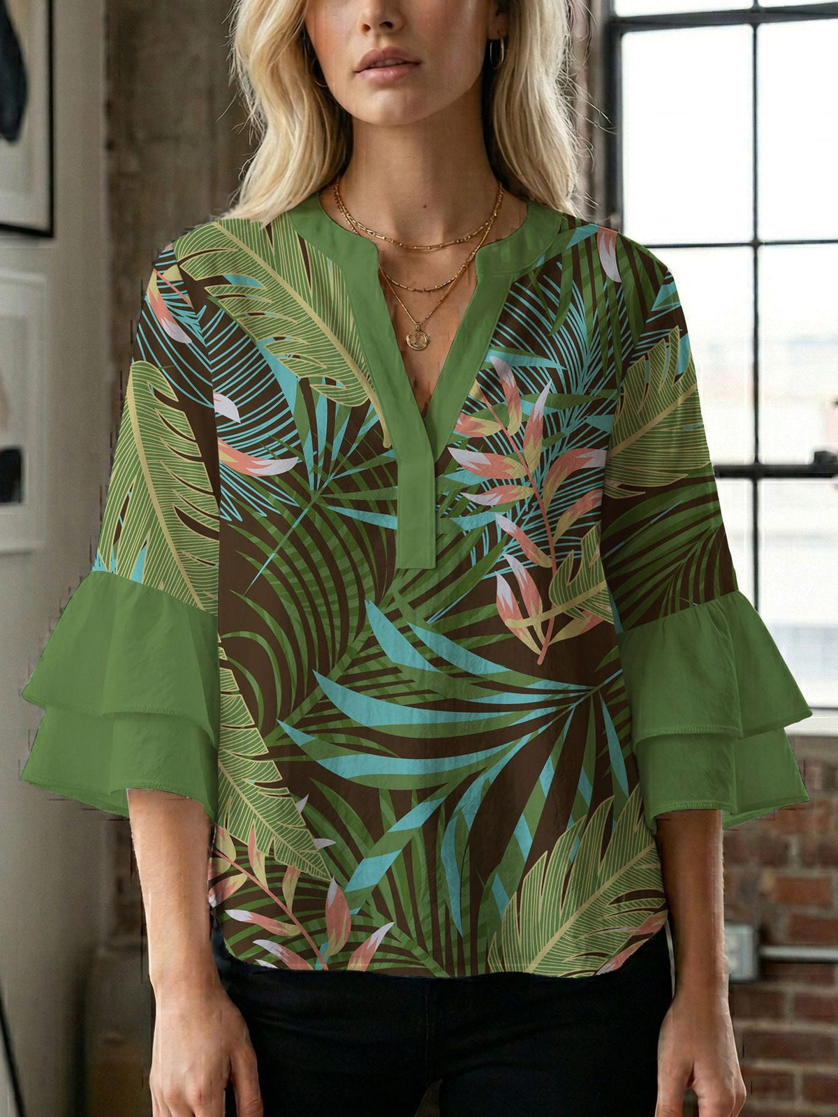 Women's Blouse with Voluminous Flutter Sleeves and Leaf Print